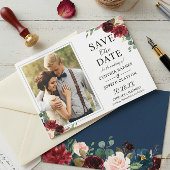 Navy Blue Burgundy Rustic Floral Photo Wedding Save The Date