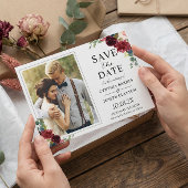 Navy Blue Burgundy Rustic Floral Photo Wedding Save The Date