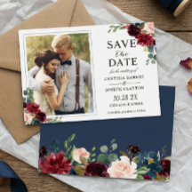 Navy Blue Burgundy Rustic Floral Photo Wedding