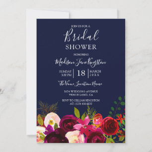 Navy Blue Burgundy Vrijgezellenfeest Floral Kaart