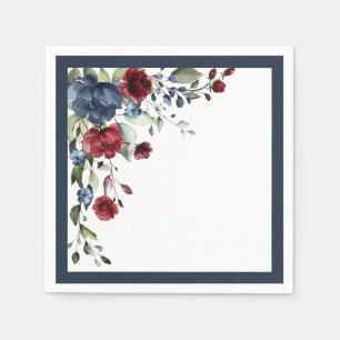 Navy Blue Burgundy Waterverf Floral Vrijgezellenfe Servet
