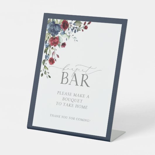Navy Blue Burgundy Waterverf Shower Bouquet Bar Reclamebord Met Voetstuk (Voorkant)