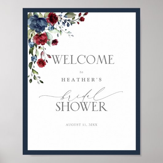 Navy Blue Burgundy Waterverf Shower Welkom Poster (Voorkant)