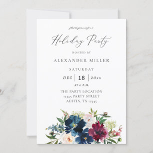Navy Blue, Burgundy & White Floral Holiday Party Kaart