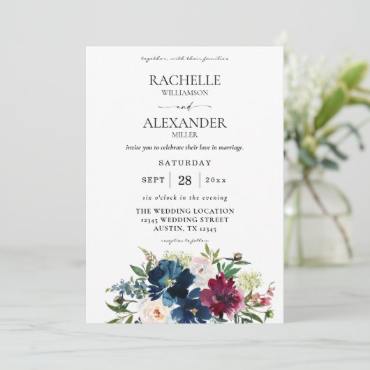 Navy Blue, Burgundy & White Floral Wedding Kaart (Staand voorkant)