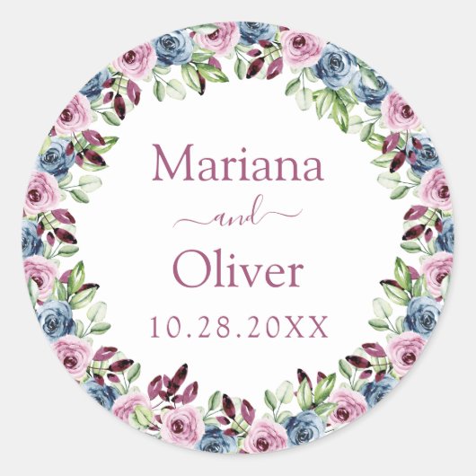 Navy Blue Burgundy Wine Waterverf Floral Wedding Ronde Sticker (Voorkant)