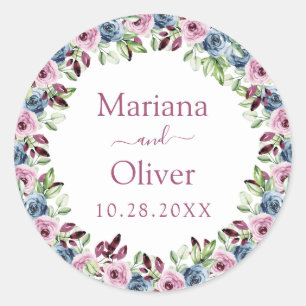 Navy Blue Burgundy Wine Waterverf Floral Wedding Ronde Sticker