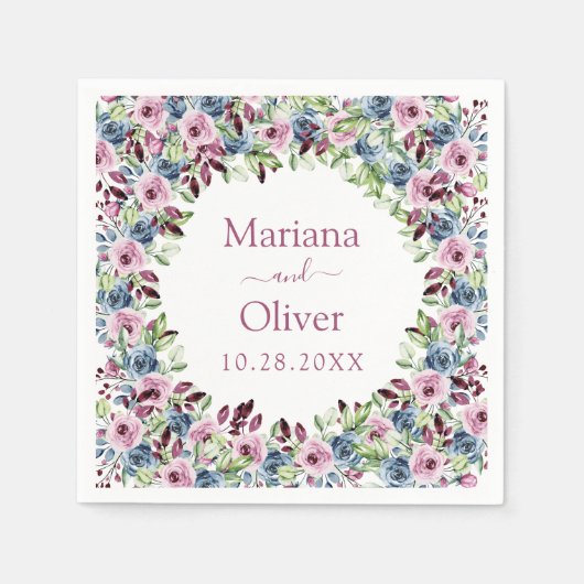 Navy Blue Burgundy Wine Waterverf Floral Wedding Servet (Voorkant)