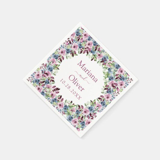 Navy Blue Burgundy Wine Waterverf Floral Wedding Servet (Hoek)