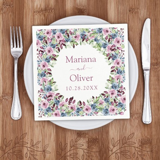 Navy Blue Burgundy Wine Waterverf Floral Wedding Servet