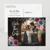 Navy Blue Burgundy Wood Floral foto slaat de datum Briefkaart (Voorkant / Achterkant)