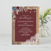 Navy Blue Burgundy Wood Script Weddenschap Kaart (Staand voorkant)