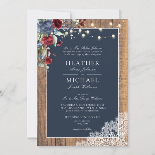 Navy Blue Burgundy Wood Script Weddenschap Kaart (Voorkant)