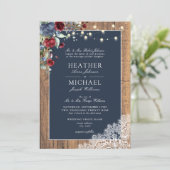 Navy Blue Burgundy Wood Script Weddenschap Kaart (Staand voorkant)