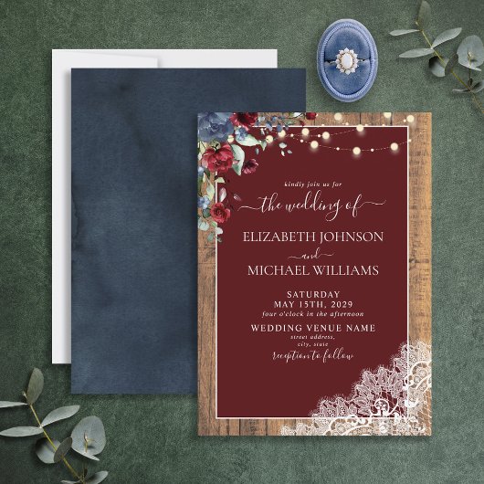 Navy Blue Burgundy Wood Script Weddenschap Kaart