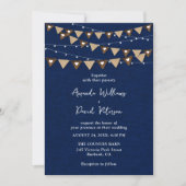 Navy Blue Burlap Bunting String Lights Bruiloft Kaart (Voorkant)