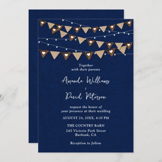 Navy Blue Burlap Bunting String Lights Bruiloft Kaart (Voorkant / Achterkant)