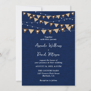 Navy Blue Burlap Bunting String Lights Bruiloft Kaart