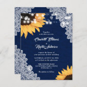 Navy Blue Burlap en Lace Sunflower Wedding Kaart (Voorkant / Achterkant)