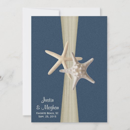 Navy Blue Burlap en Starfish Beach Wedding Kaart (Voorkant)