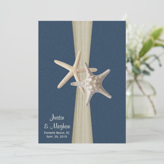 Navy Blue Burlap en Starfish Beach Wedding Kaart (Staand voorkant)