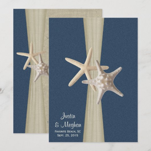 Navy Blue Burlap en Starfish Beach Wedding Kaart (Voorkant / Achterkant)