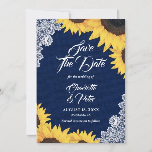 Navy Blue Burlap en Sunflower Bewaar de datumkaart Save The Date (Voorkant)