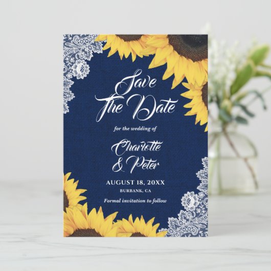 Navy Blue Burlap en Sunflower Bewaar de datumkaart Save The Date (Staand voorkant)