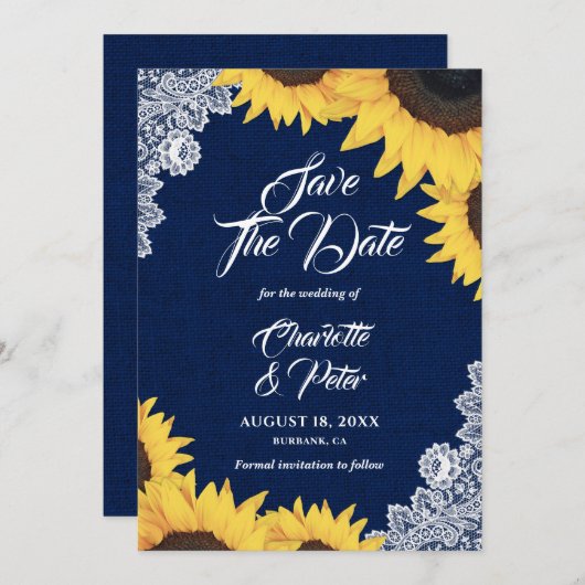 Navy Blue Burlap en Sunflower Bewaar de datumkaart Save The Date (Voorkant / Achterkant)