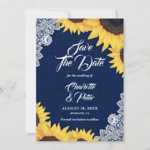 Navy Blue Burlap en Sunflower Bewaar de datumkaart Save The Date