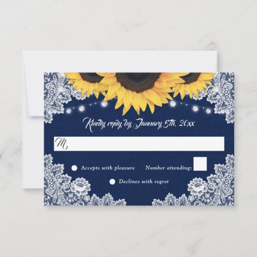 Navy Blue Burlap Floral Lace Sunflower Wedding RSVP Kaartje (Voorkant)