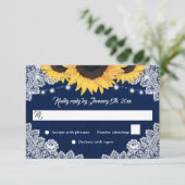 Navy Blue Burlap Floral Lace Sunflower Wedding RSVP Kaartje (Staand voorkant)