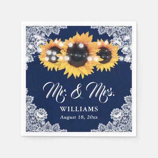 Navy Blue Burlap Floral Lace Sunflower Wedding Servet (Voorkant)