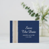 Navy Blue Burlap Lace Wedding Save The Date Briefkaart (Staand voorkant)