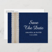 Navy Blue Burlap Lace Wedding Save The Date Briefkaart (Voorkant / Achterkant)