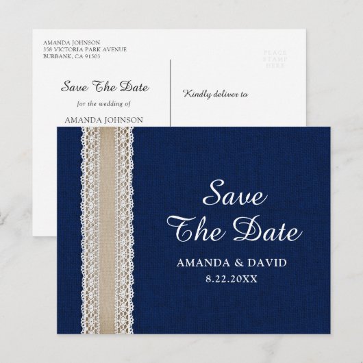 Navy Blue Burlap Lace Wedding Save The Date Briefkaart (Voorkant / Achterkant)