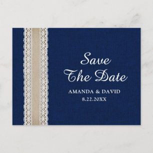 Navy Blue Burlap Lace Wedding Save The Date Briefkaart