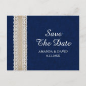 Navy Blue Burlap Lace Wedding Save The Date Briefkaart (Voorkant)