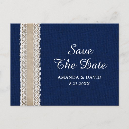 Navy Blue Burlap Lace Wedding Save The Date Briefkaart (Voorkant)
