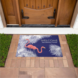 Navy Blue Burlap met roze flamingos Deurmat