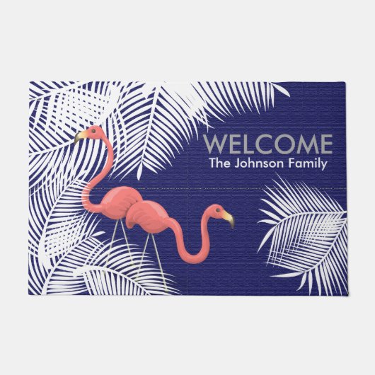 Navy Blue Burlap met roze flamingos Deurmat (Voorkant)