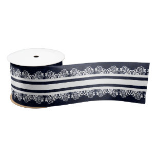 Navy Blue Burlap met White Faux Lace Satijnen Lint