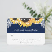 Navy Blue Burlap String Lights Sunflower Wedding RSVP Kaartje (Staand voorkant)