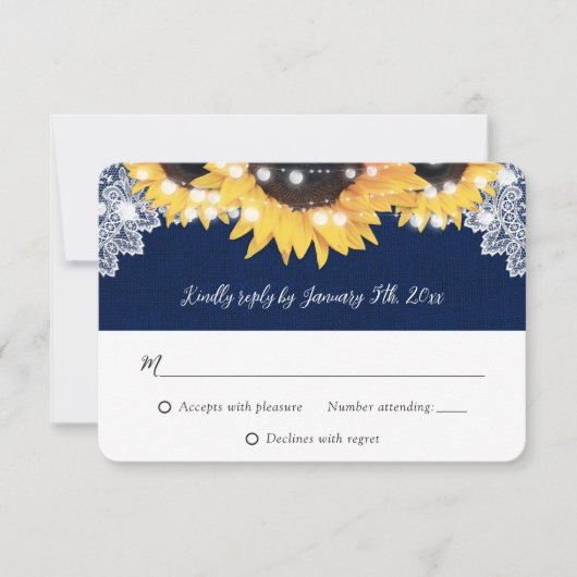 Navy Blue Burlap String Lights Sunflower Wedding RSVP Kaartje (Voorkant)