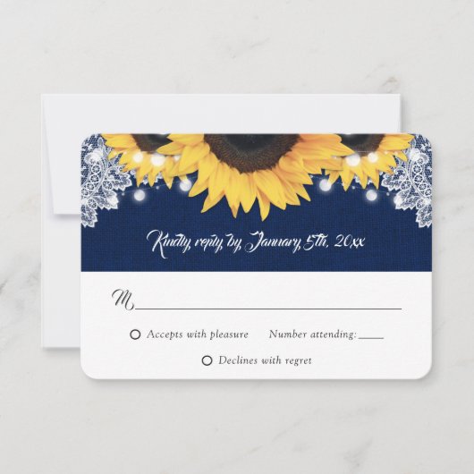 Navy Blue Burlap String Lights Sunflower Wedding RSVP Kaartje (Voorkant)