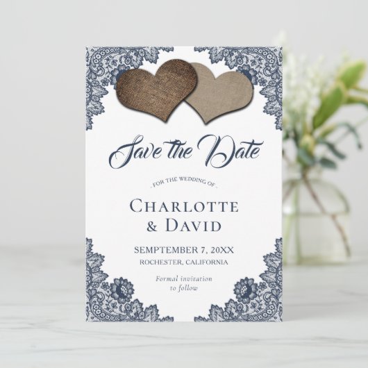 Navy Blue Burlap Wedding Save the Date Kaart (Staand voorkant)