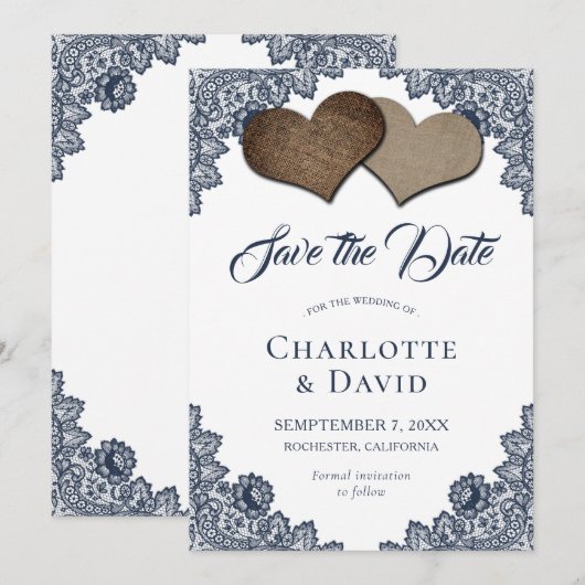 Navy Blue Burlap Wedding Save the Date Kaart (Voorkant / Achterkant)