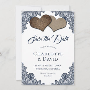Navy Blue Burlap Wedding Save the Date Kaart