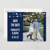 Navy Blue Burlap Wedding Save the Date Photo Aankondigingskaart (Voorkant / Achterkant)