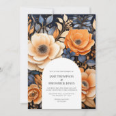 Navy Blue, Burnt Orange & Champagne Floral Wedding Kaart (Voorkant)